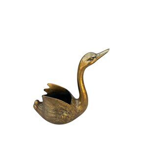 Solid Brass Swan Figurine Planter Vase Candle Holder 10" T Vintage Made in Korea